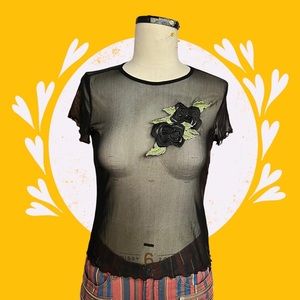 Black mesh embroidered short sleeve top size small